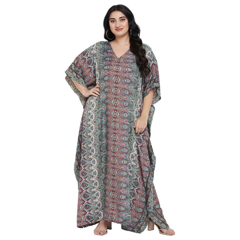 Women Multicolor Polyester Paisley Print V-Neck Kaftan Maxi Dress by Gypsie Blu